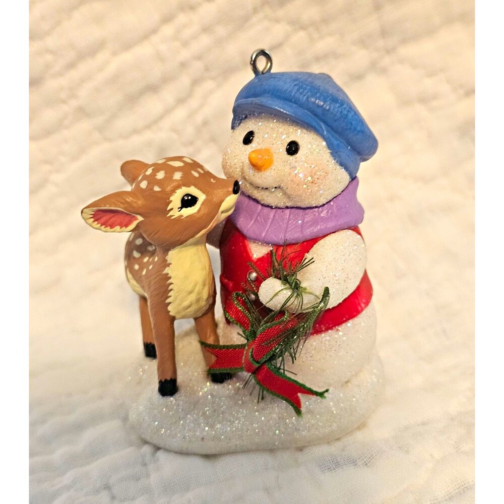Hallmark 2004 Snowman & Deer Christmas Hanging Ornament Multicolor Plastic Vtg